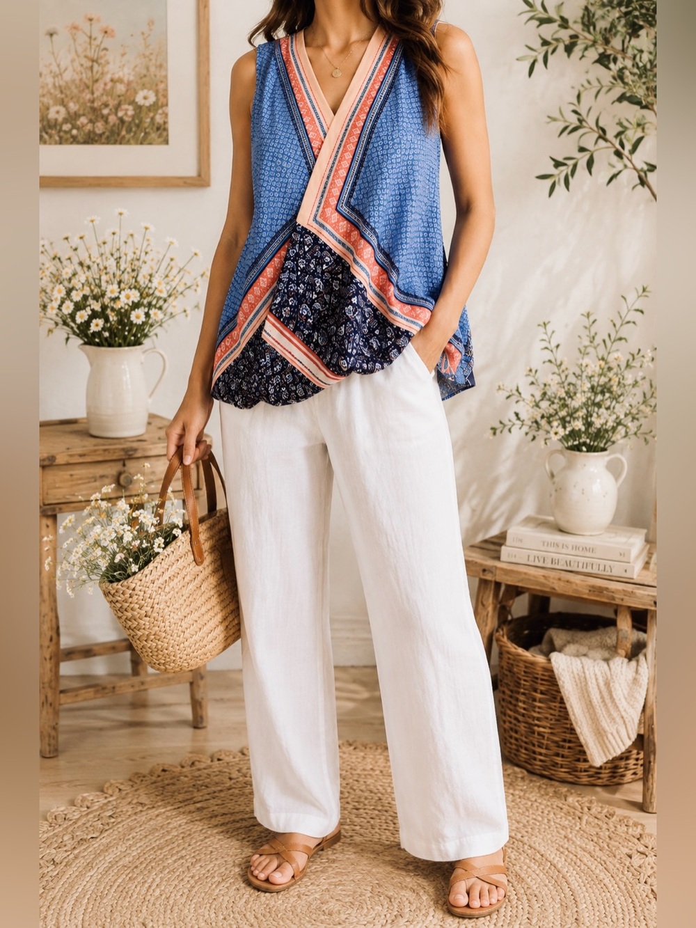 Liz Claiborne Blue Printed Sleeveless V-Neck Wrap-Style Top with Peach Size XL